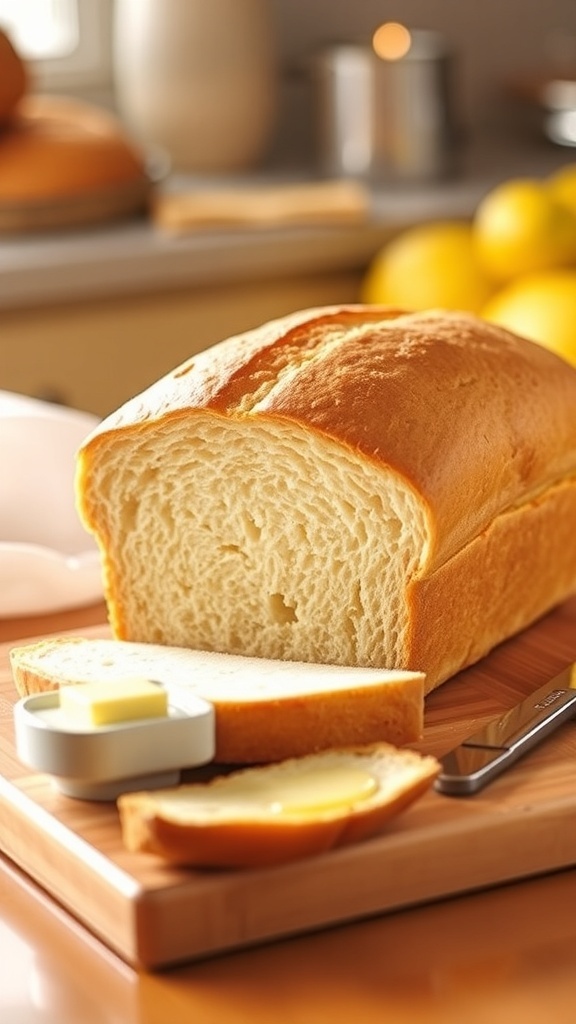 Freshly baked loaf of bread from Sunbeam Bread Machine, sliced on a wooden board with butter.